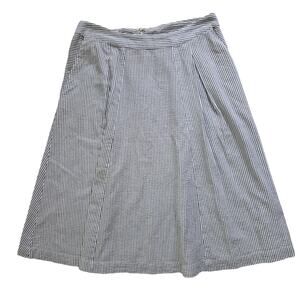 Blue & White Striped A-Line Midi Skirt - Size Medium, Cotton Pockets Summer